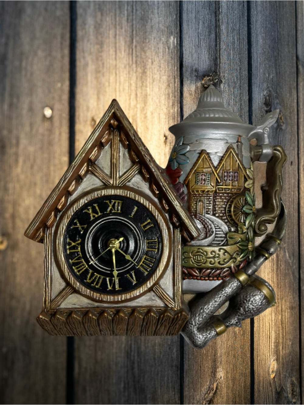 German Alpine Chalet Beer Stein Ceramic Grandfather Clock Vintage